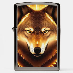 Golden Wolf Face Art Emanating Glowing Energy Zippo Lighter