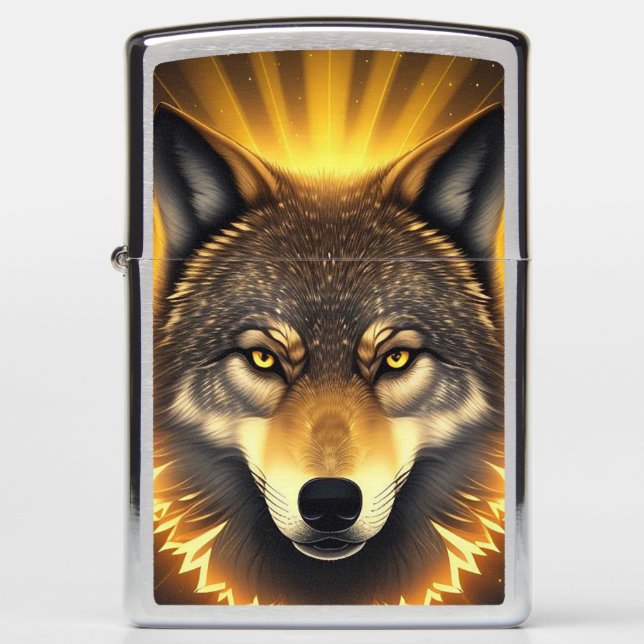 Golden Wolf Face Art Emanating Glowing Energy Zippo Lighter (Front)