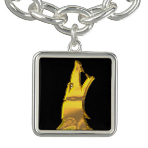 Golden Wolf Head black silver charm bracelet
