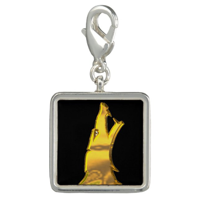 Golden Wolf Head black sterling silver sq charm (Front)