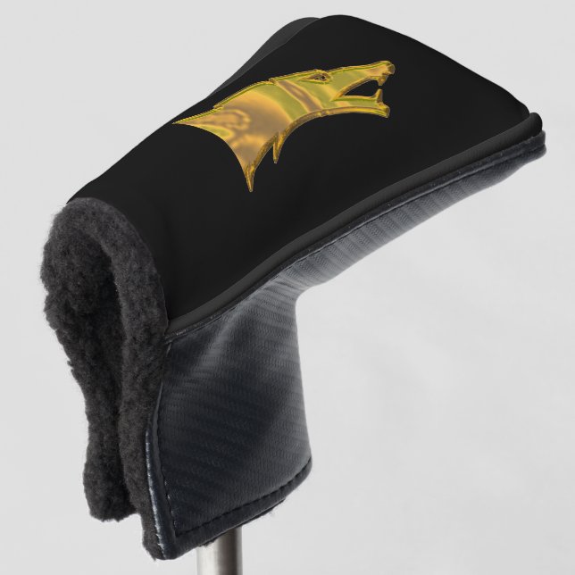 Golden Wolf Head golf club putter cover black (3/4 Front)