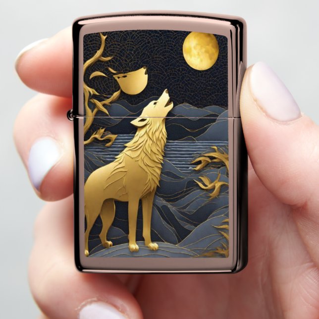 Golden Wolf Howling Under Full Moon at Night Zippo Lighter (In Hand)
