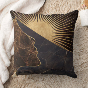Golden Woman Illusion with Sun and Marble Textures Throw Pillow