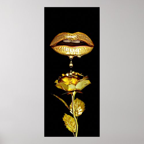 Golden womans Lips Dripping Liquid Gold Art   Poster