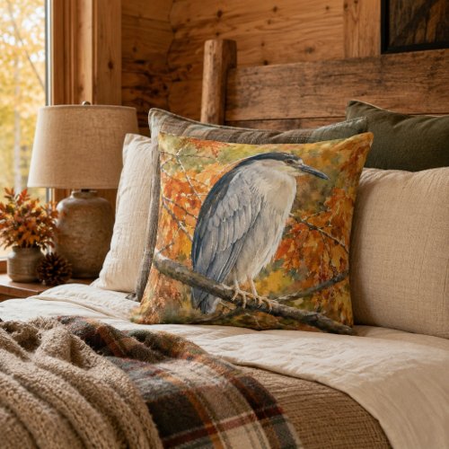 Golden Woodland Autumn Heron Throw Pillow