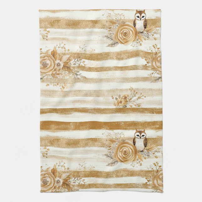 Golden Woodland Fox & Owl Stripe Pattern (2) Kitchen Towel (Vertical)