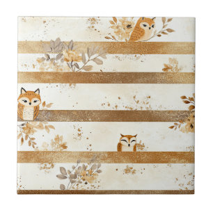 Golden Woodland Fox & Owl Stripe Pattern Ceramic Tile