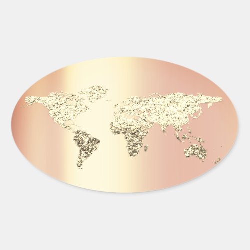 Golden World Map Destination Earth Globe  Coral Oval Sticker