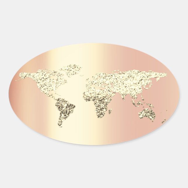 Golden World Map Destination Earth Globe  Coral Oval Sticker (Front)