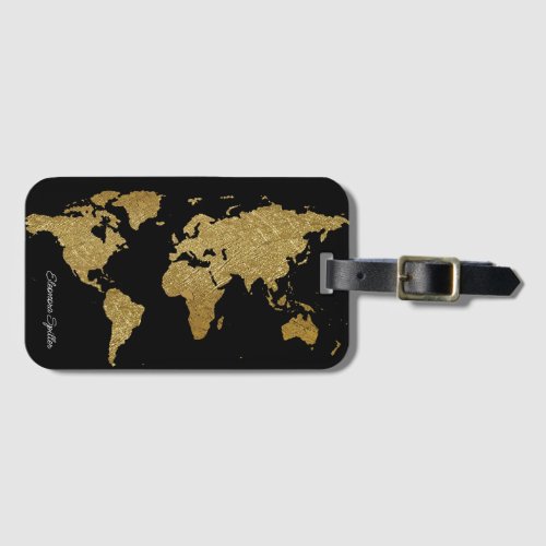 Golden World Map on Black Luggage Tag
