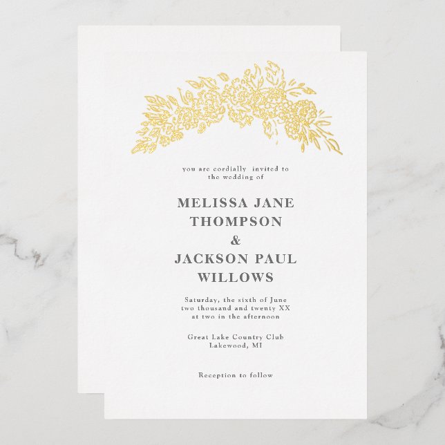 Golden wreath elegant wedding design foil invitation (Front/Back)