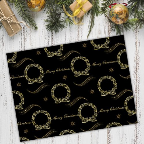 Golden Wreath Glow Black  Gold Christmas Tissue Paper