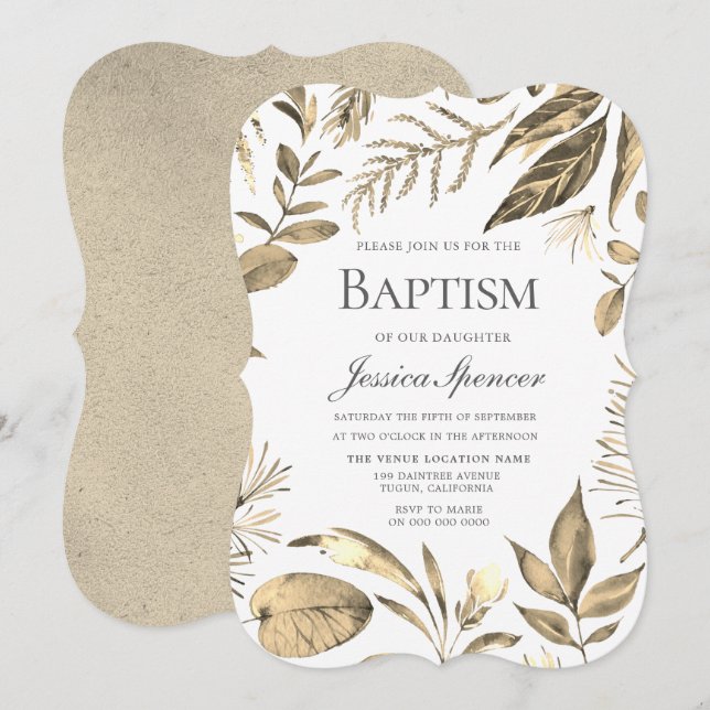 Golden Wreath Leaf Foliage Baptism Invite (Front/Back)