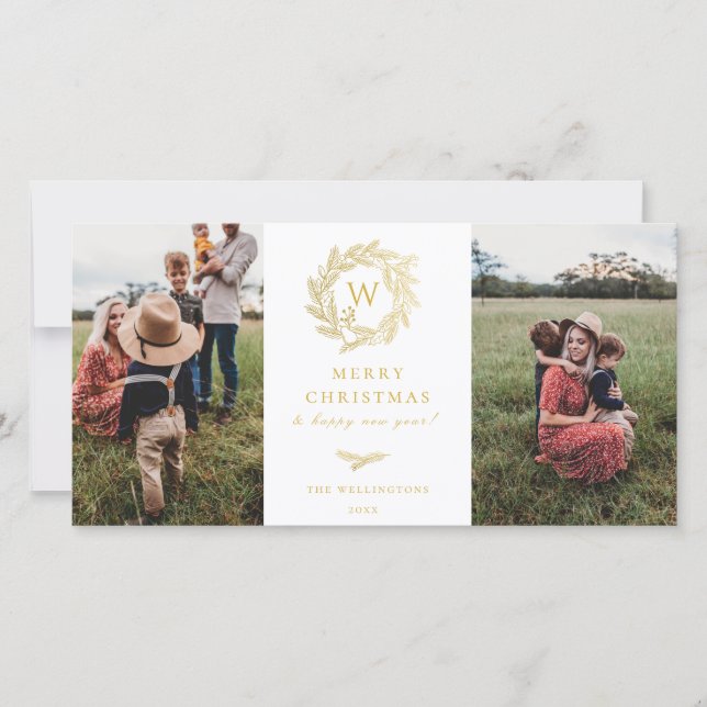 Golden Wreath Monogram Holiday 2 Photo Card (Front)