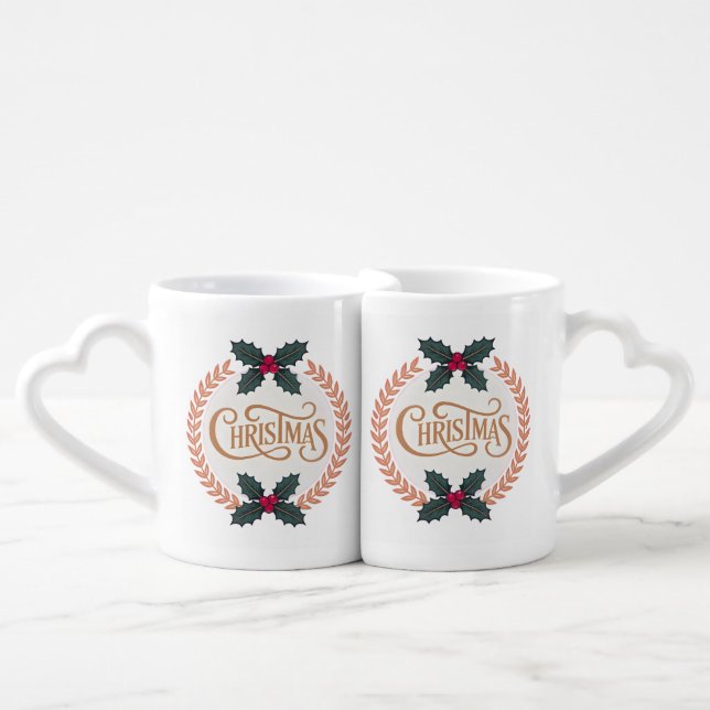 “Golden Wreath of Christmas Elegance” Coffee Mug Set (Front Nesting)