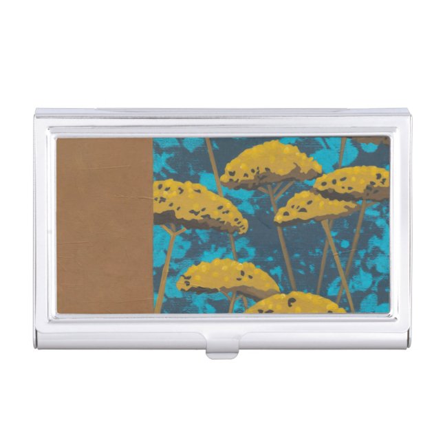 Golden Yarrow Garden with Blue Background Business Card Holder (Front)