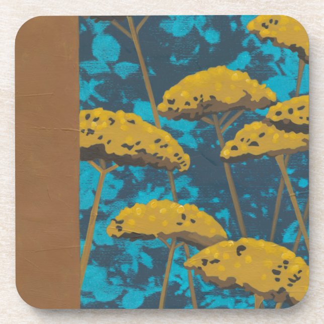 Golden Yarrow Garden with Blue Background Coaster (Front)
