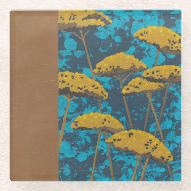Golden Yarrow Garden with Blue Background Glass Coaster (Front)