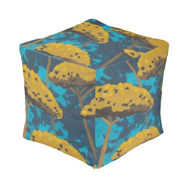 Golden Yarrow Garden with Blue Background Pouf (Angled Front)