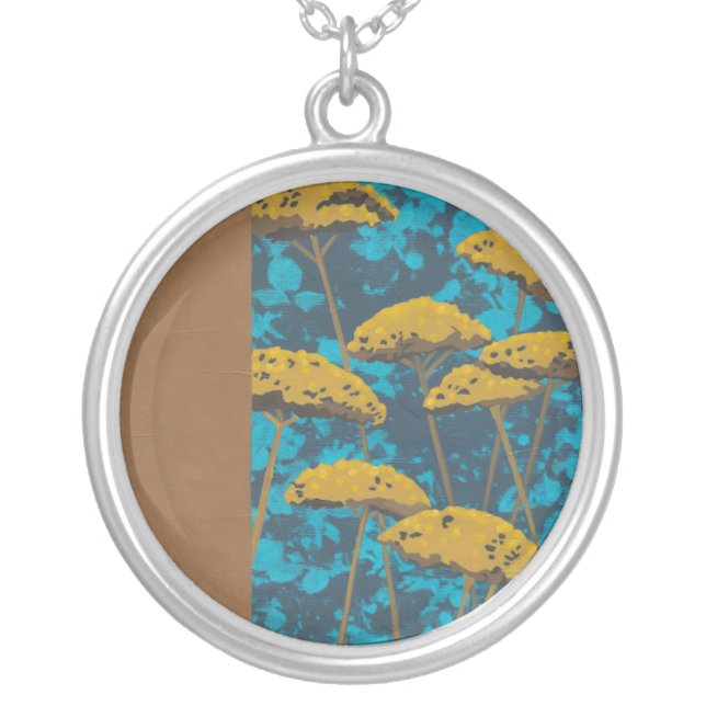 Golden Yarrow Garden with Blue Background Silver Plated Necklace (Front)