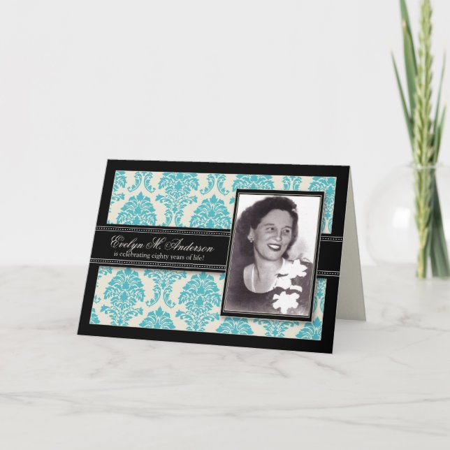 Golden Years Damask Birthday CARD Invite (aqua) (Front)