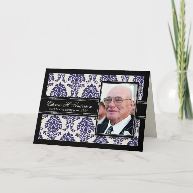 Golden Years Damask Birthday CARD Invite (navy) (Front)