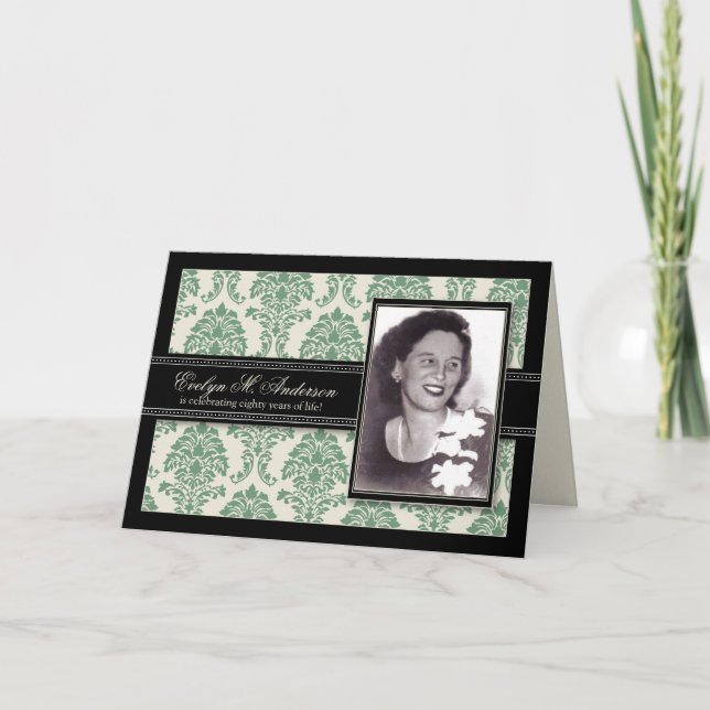 Golden Years Damask Birthday CARD Invite (sage) (Front)