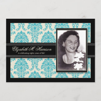 Golden Years Damask Birthday Party Invite (aqua)