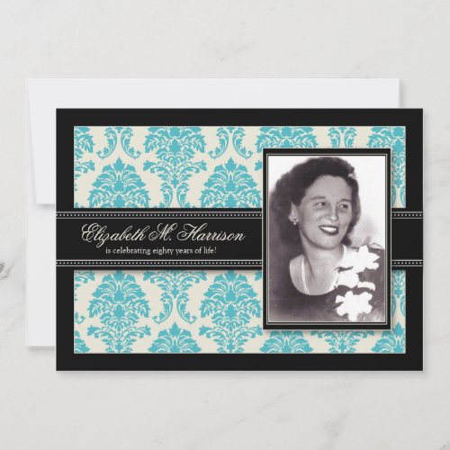 Golden Years Damask Birthday Party Invite aqua