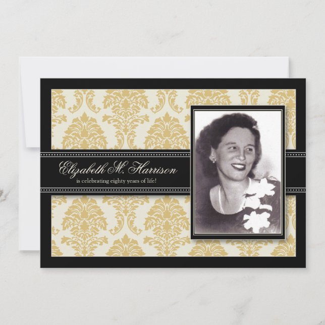 Golden Years Damask Birthday Party Invite (gold) (Front)
