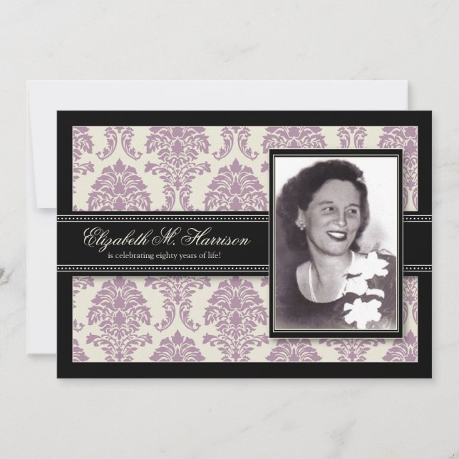 Golden Years Damask Birthday Party Invite (lilac) (Front)