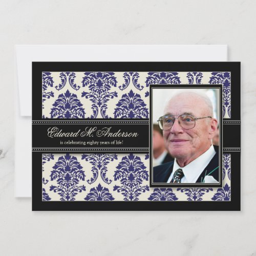 Golden Years Damask Birthday Party Invite (navy)