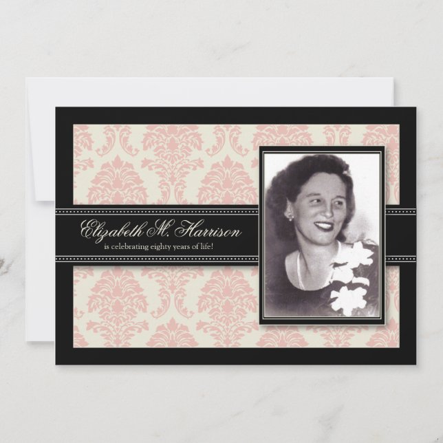 Golden Years Damask Birthday Party Invite (pink) (Front)