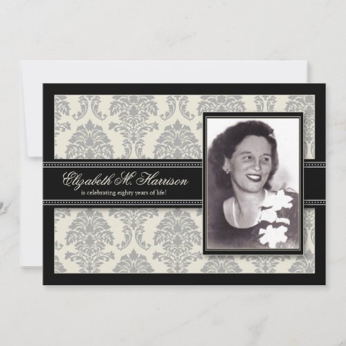 Golden Years Damask Birthday Party Invite silver