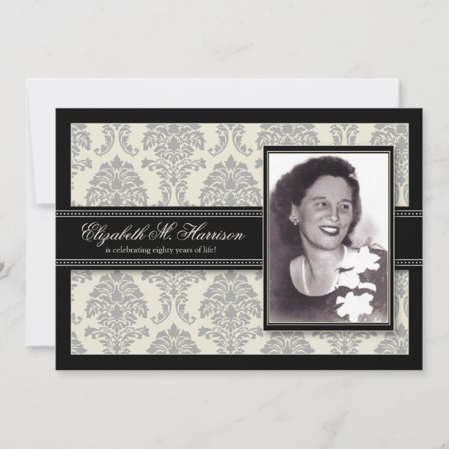 Golden Years Damask Birthday Party Invite (silver) (Front)