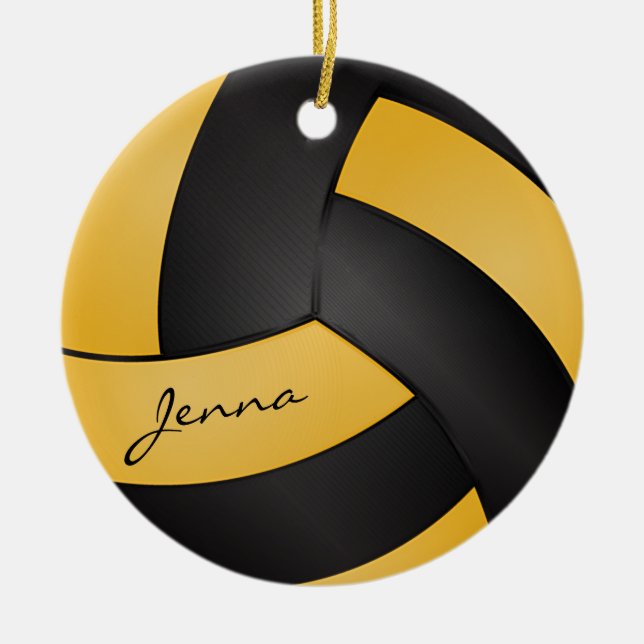 Golden Yellow and Black Personalize Volleyball 🏐 Ceramic Ornament (Front)