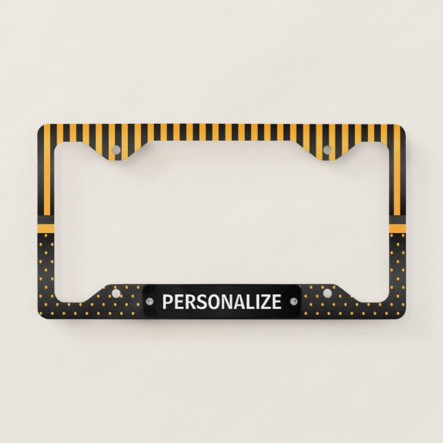 Golden Yellow and Black Polka Dot Stripes License Plate Frame (Front)
