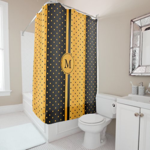 Golden Yellow and Black Polka Dots _ Monogram Shower Curtain