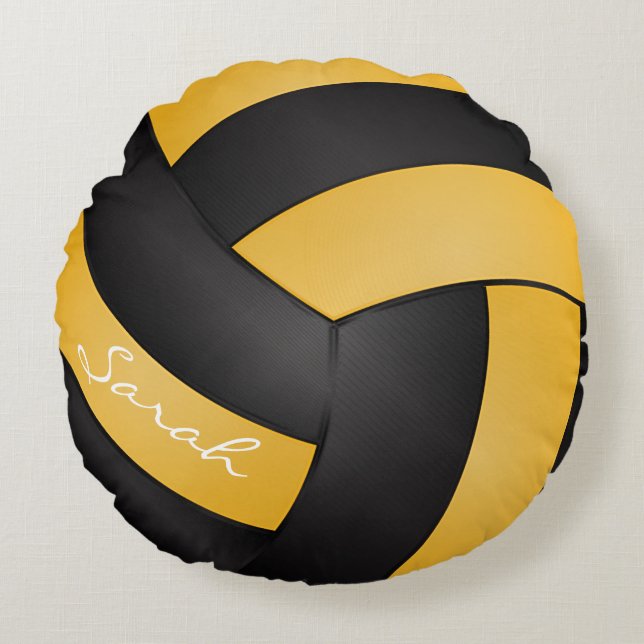 Golden Yellow and Black Volleyball | Personalize Round Pillow (Front)