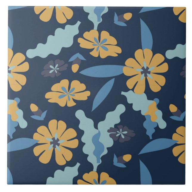 Golden yellow and blue floral pattern ceramic tile (Front)
