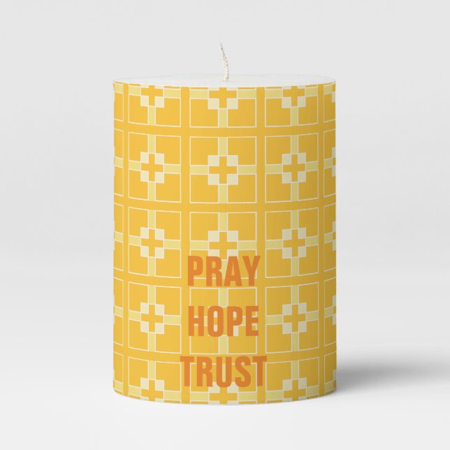 Golden yellow and ivory crosses pillar candle (Front)