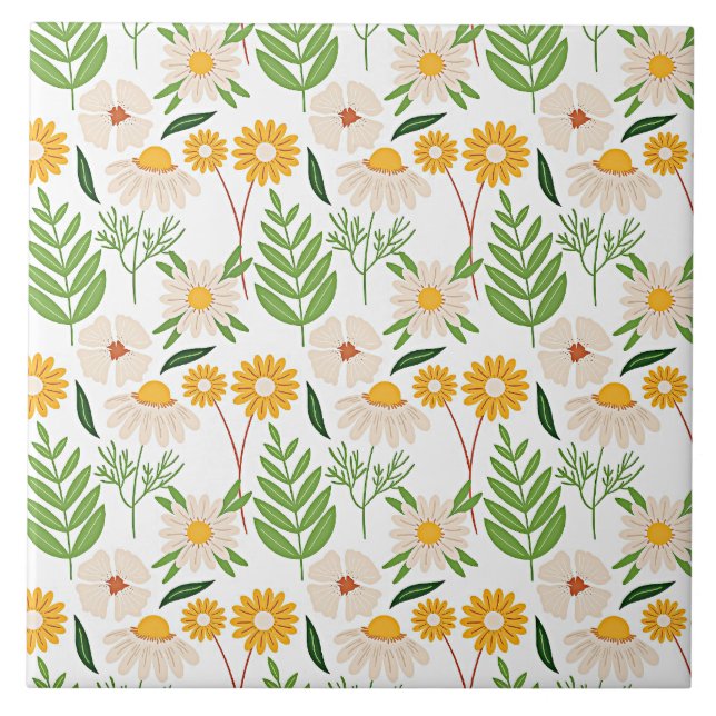 Golden yellow and ivory white floral pattern ceramic tile (Front)
