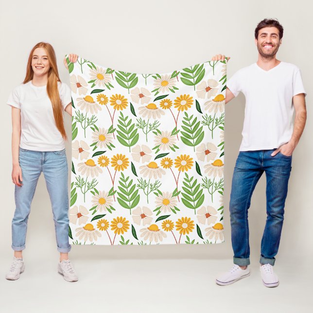 Golden yellow and ivory white floral pattern fleece blanket (In Situ)