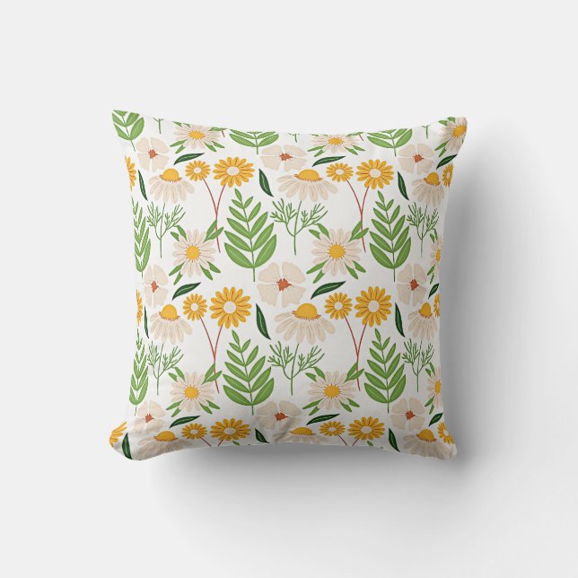 Golden yellow and ivory white floral pattern throw pillow (Front)