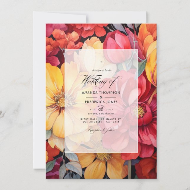 Golden Yellow and Lipstick Red Floral Wedding Invitation (Front)