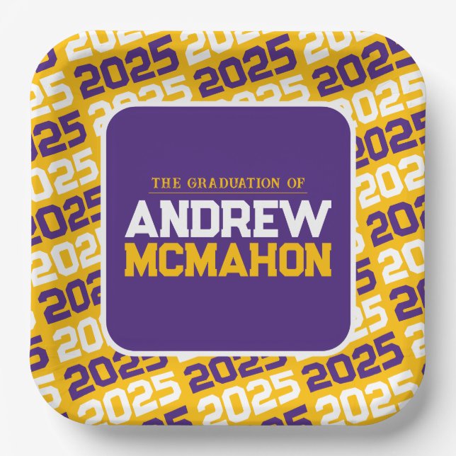Golden Yellow and Purple Personalized Graduation Paper Plates (Front)