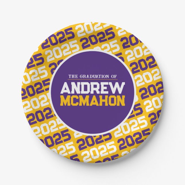 Golden Yellow and Purple Personalized Graduation Paper Plates (Front)