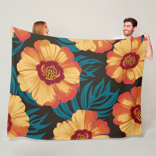 Golden-Yellow and Red Flowers with Teal Leaves Fleece Blanket (In Situ)