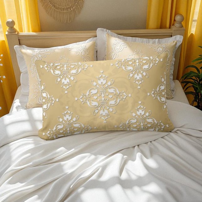 Golden Yellow and White Damask Pattern Lumbar Pillow (Creator Uploaded)