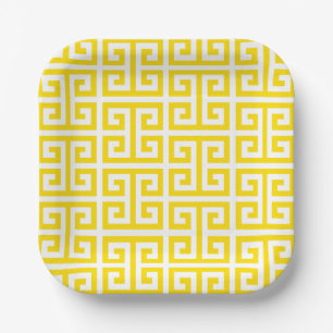 Golden Yellow and White Greek Key Paper Plates